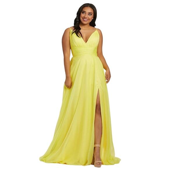 MAC DUGGAL Dress Size 14 / 14W Evening Gown Yellow NEW V Neck Slit - Picture 1 of 9